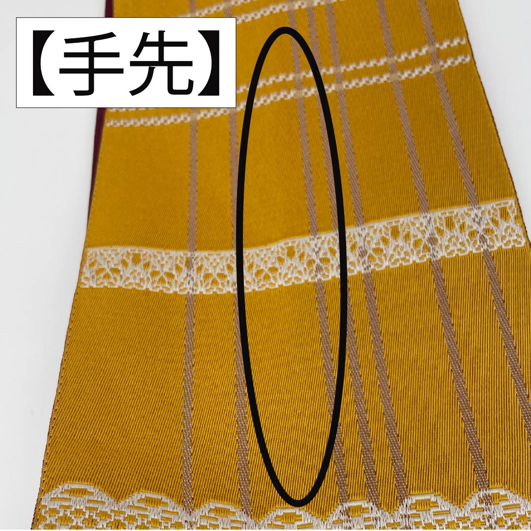半幅帯 ポリエステル 帯丈386cm 雄黄色(ゆうおういろ) レース模様 格子模様 赤紫色(あかむらさきいろ) ドット 幾何学模様 黄系 Sランク 1125001472323