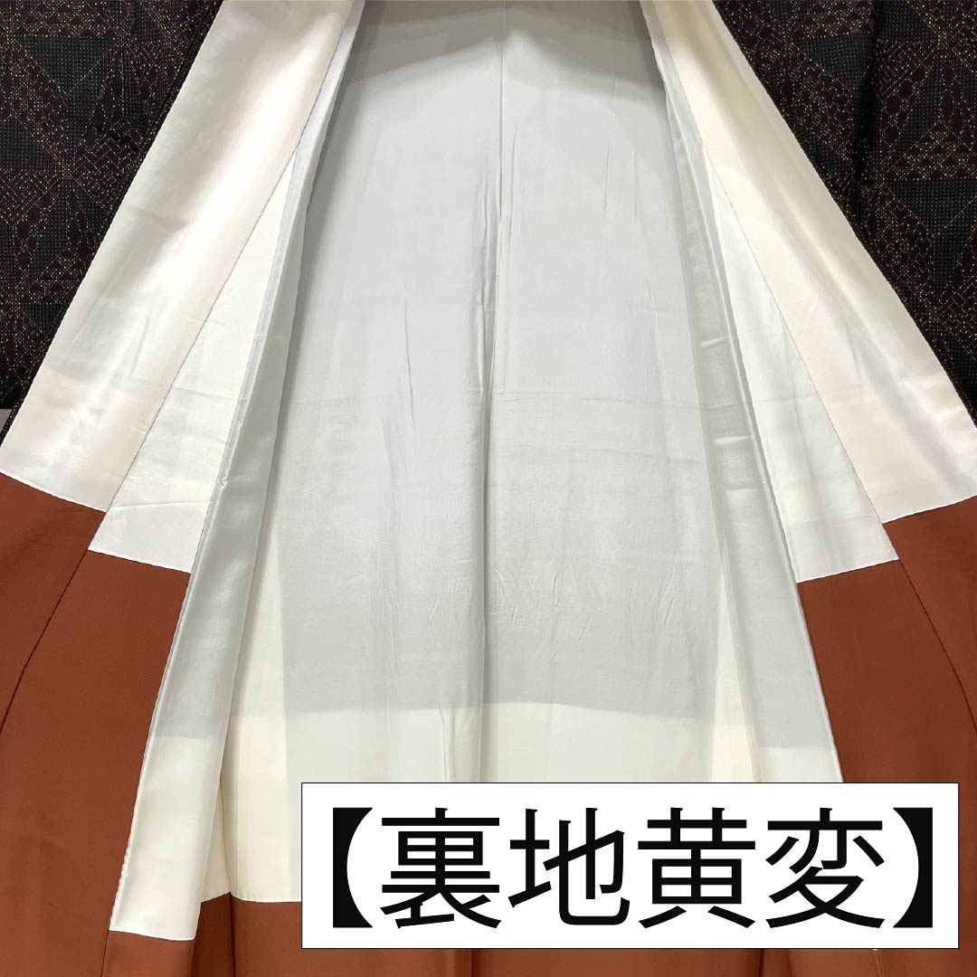 紬 正絹 身丈152cm 裄丈62cm 桃尻色(ももじりいろ) 幾何学模様 Aランク 袷 黒系 1116003763210