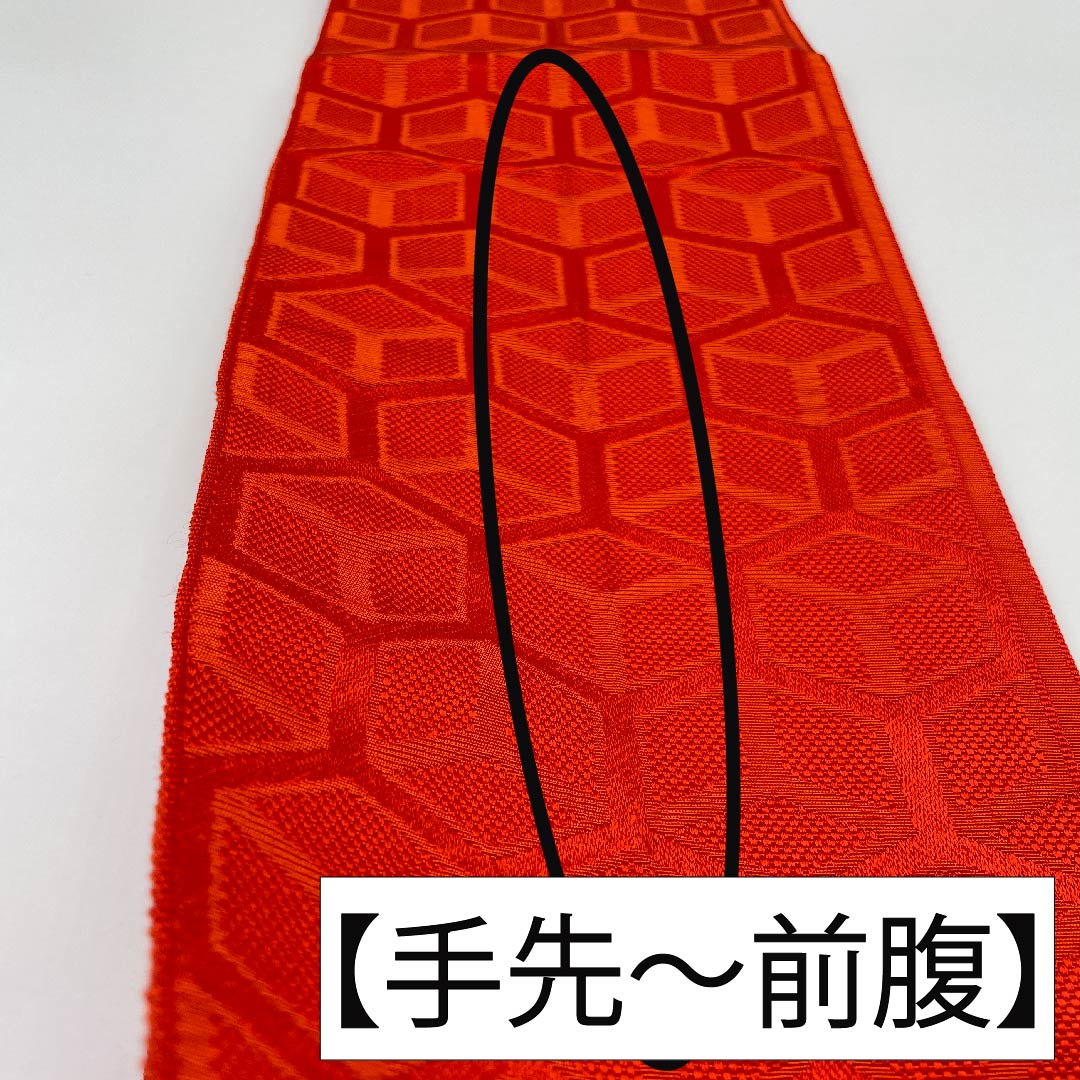 (未仕立)半幅帯 ポリエステル 緋色(ひいろ) 亀甲に三つ菱 古典柄 幾何学模様 帯丈346cm 赤系 Sランク 1125001012312