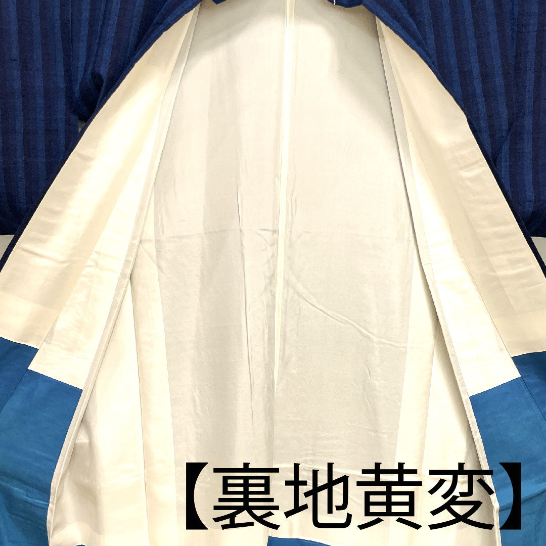 紬 身丈158.5cm 裄丈62.5cm 真綿 縞 正絹 Aランク 袷 紺系 1116002113318