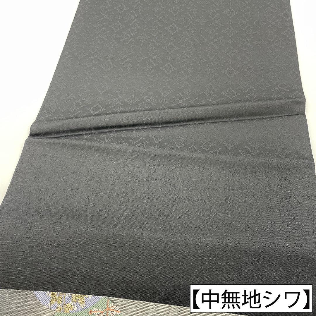 袋帯 正絹 Sランク 薄鼠色(うすねずいろ) 西陣織 引箔 丸輪に草花模様 帯丈440cm 六通 セミフォーマル グレー系 1123017022322
