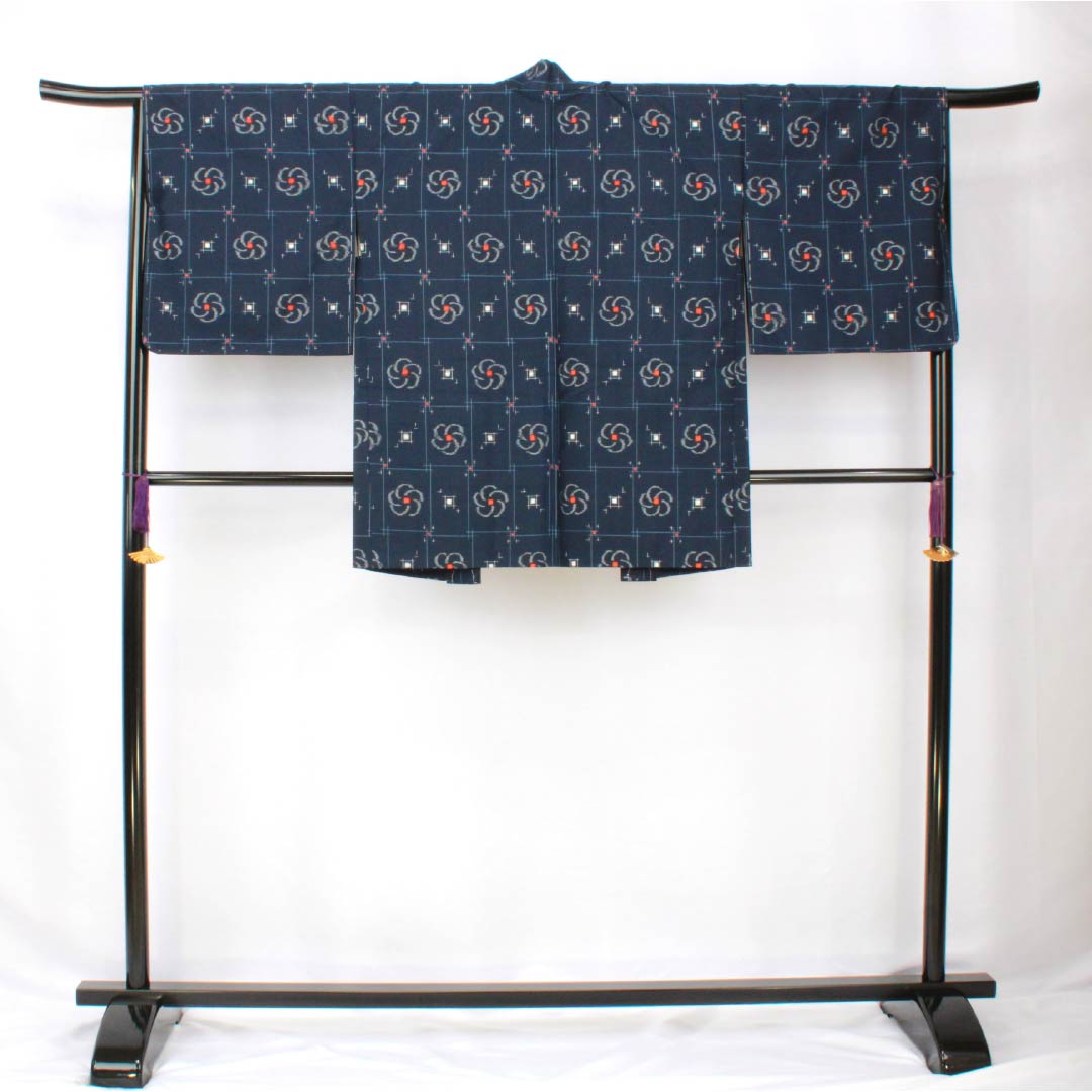 紬 正絹 身丈163.5cm 裄丈66cm 紺色(こんいろ) アンサンブル 格子 ねじり梅 Sランク 袷 紺系 1116003902418