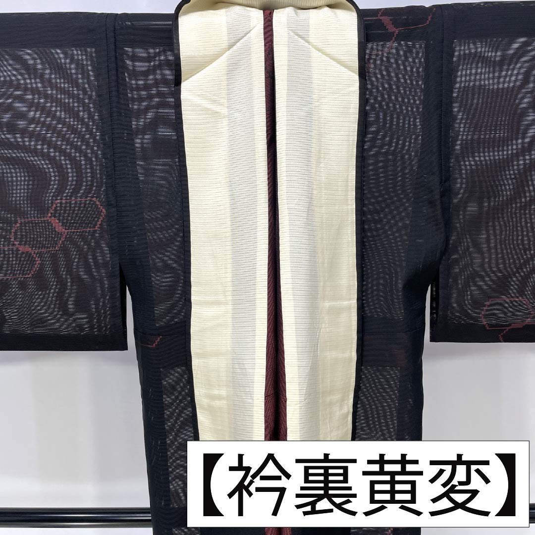夏物 正絹 お召 Bランク 身丈157cm 裄丈65.5cm 幾何学模様 紗 黒系 1132006444310