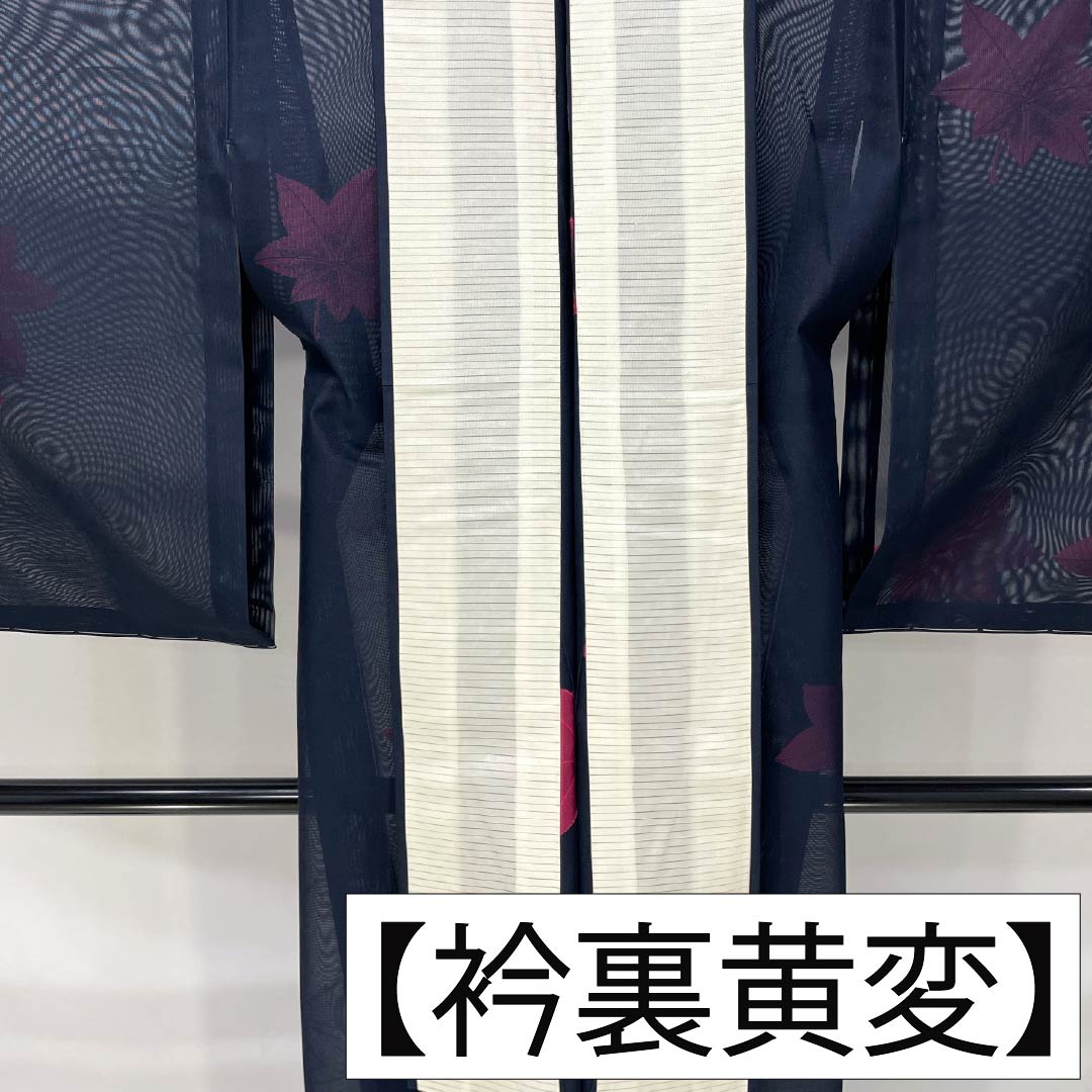 夏物 正絹 お召 Aランク 身丈157cm 裄丈64.5cm 濃紺色(のうこんいろ) カエデ 紗 紺系 1132006363318
