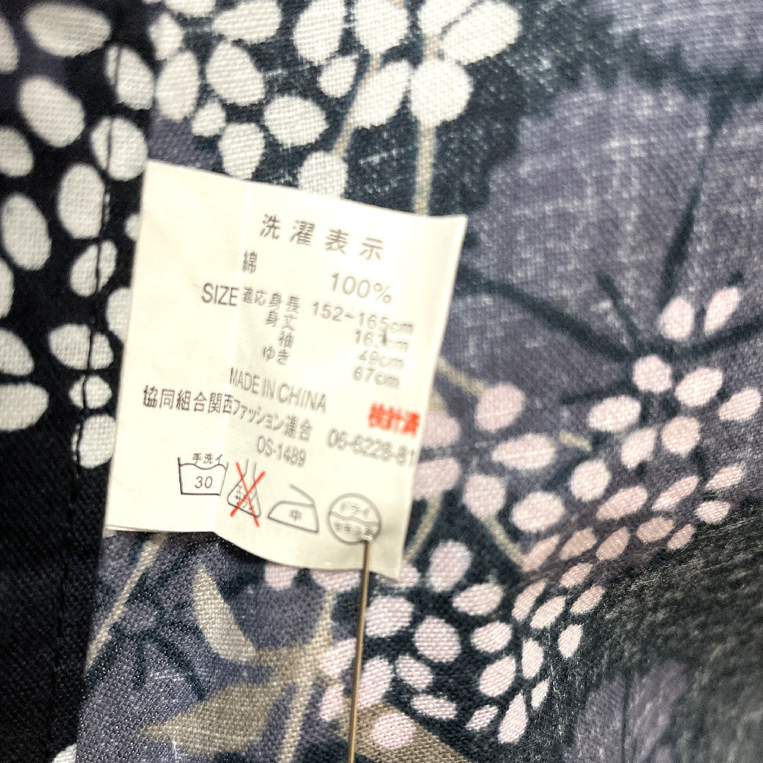 Yukata Cotton Length 159cm Sleeve length 64.5cm B rank Single layer Black Rose Gypsophila Cherry blossom 1118004554310