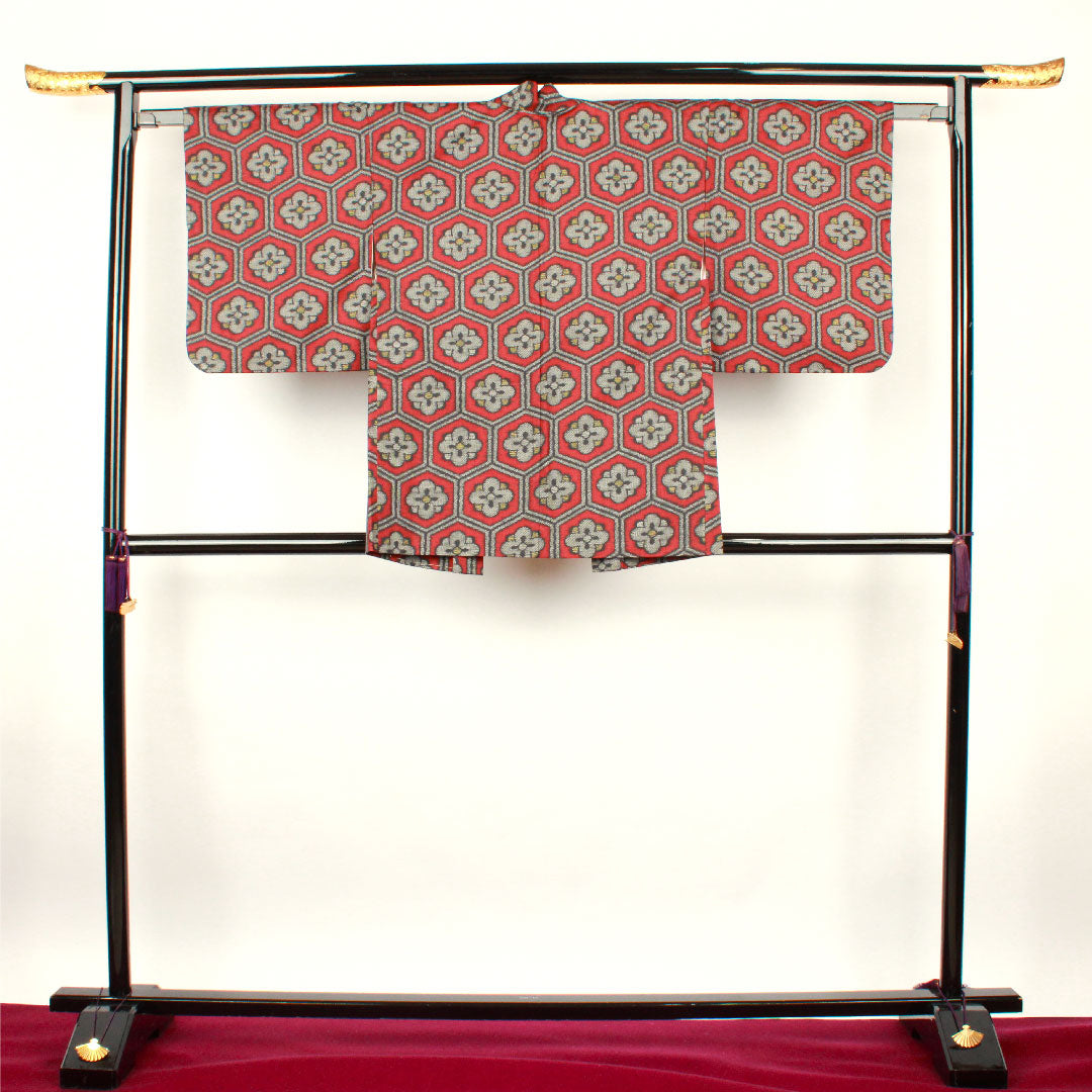 村山大島 身丈151.5cm 裄丈62cm 臙脂色 アンサンブル 亀甲に梅 正絹 Aランク 袷 赤系 1116001633212