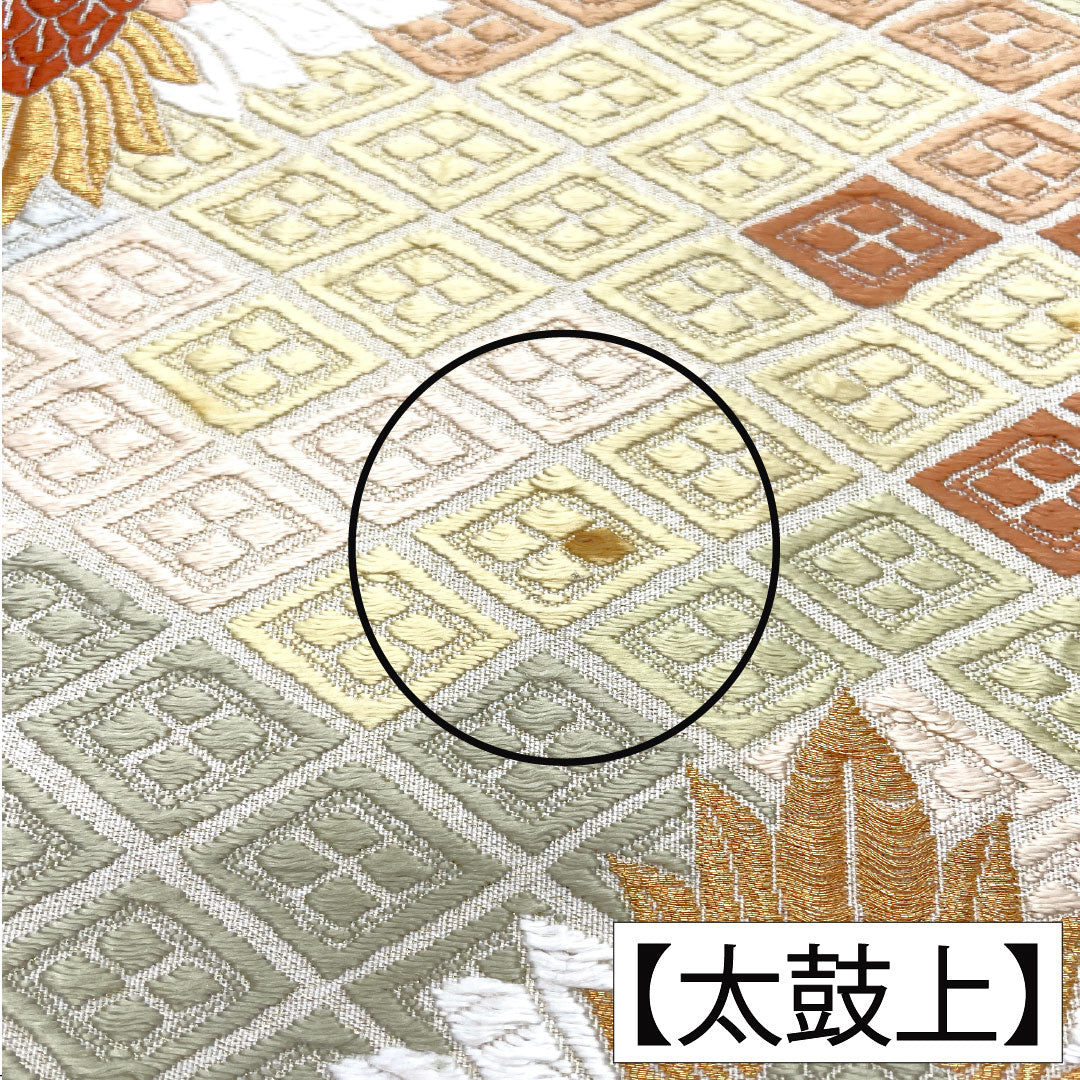 袋帯 正絹 Aランク 蕎麦切色(そばきりいろ) 西陣織 唐織 向かい鶴 亀甲 帯丈434cm 六通 フォーマル ベージュ系 1123016063325