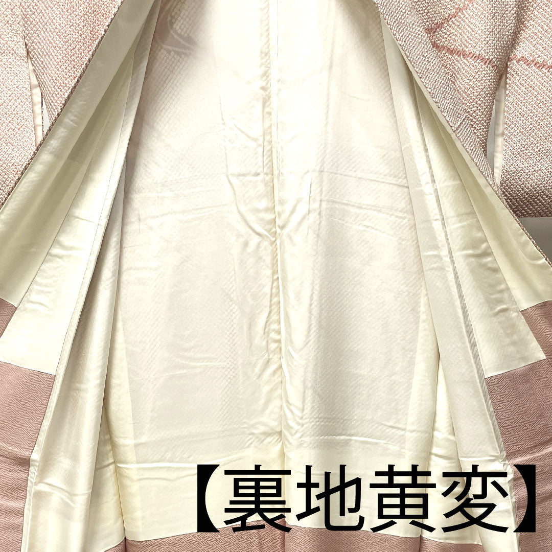 訪問着 袷 身丈165cm 裄丈65cm 鴇浅葱色 絞り 流水 正絹 Aランク ピンク系 1112002353513