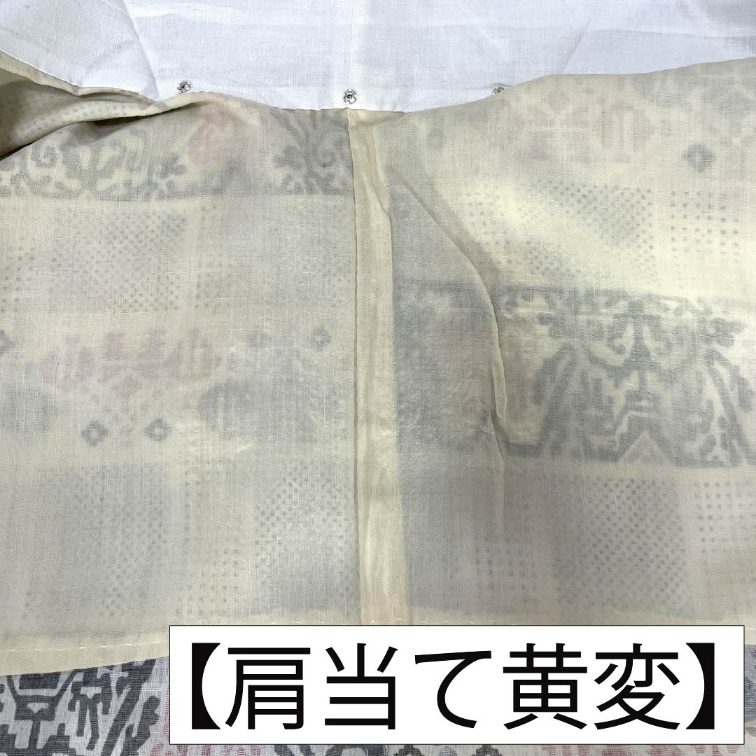 夏物 ポリエステル 紬 Bランク 身丈159.5cm 裄丈64cm 鳥の子色(とりのこいろ) 洗える着物 抽象模様 居敷当て付き 紗 クリーム系 1132007054315