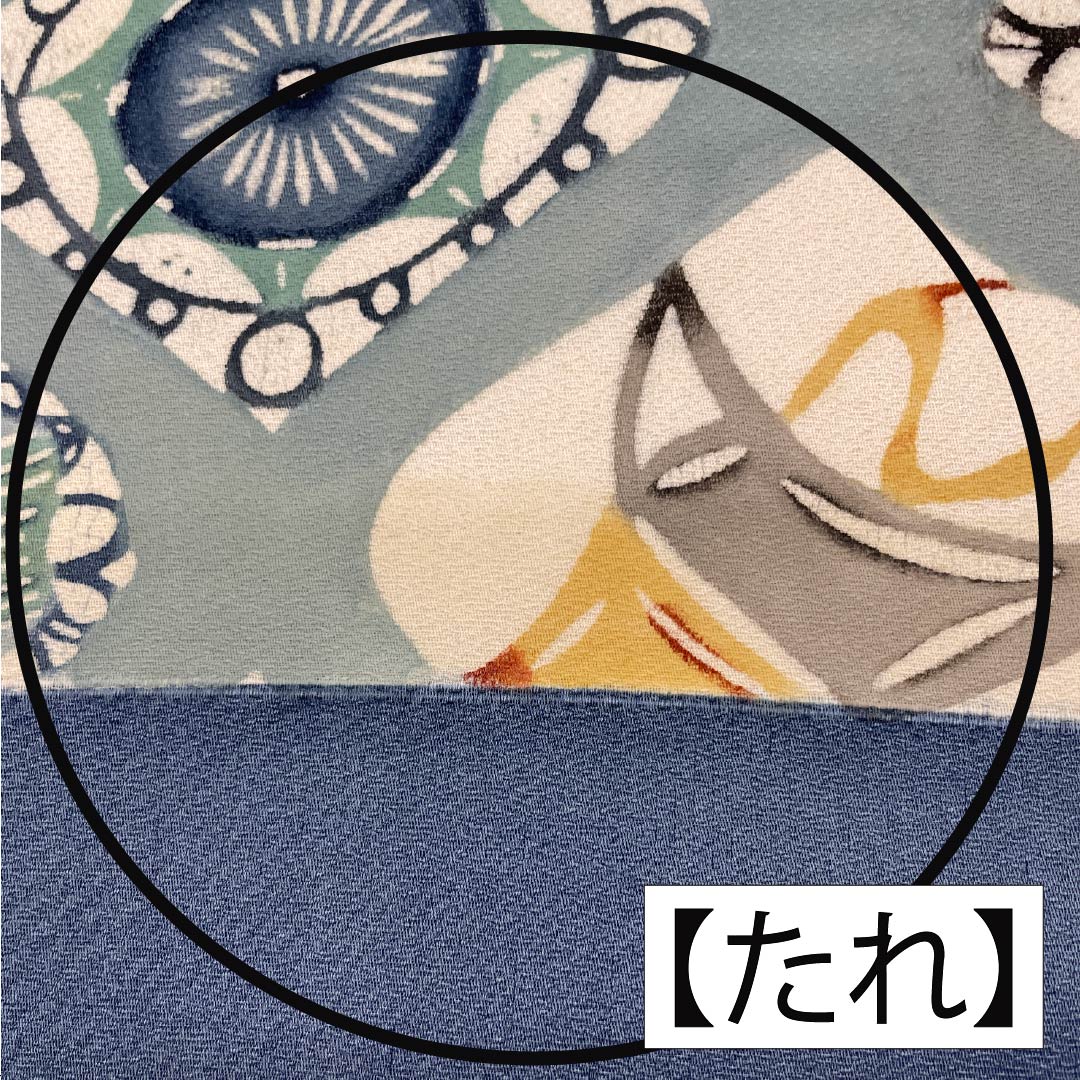 名古屋帯 正絹 Bランク 沈香茶色(とのちゃいろ) 型染 紅型調 蝶 帯丈358cm 六通 カジュアル 青系 1124010554317 名古屋仕立て