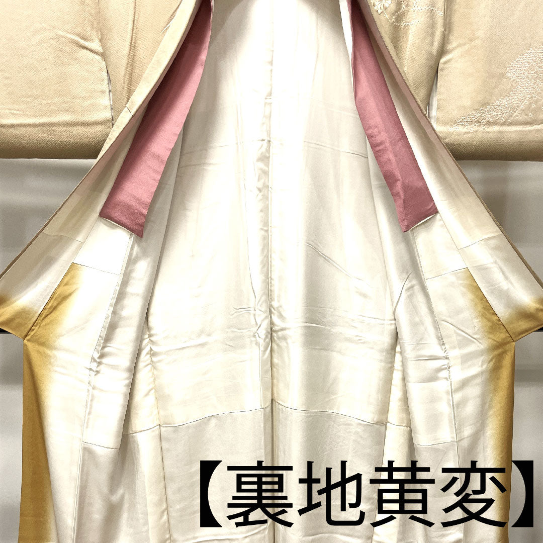 訪問着 袷 身丈153.5cm 裄丈62.5cm 白橡色 刺繡 絞り 扇 正絹 Bランク クリーム系 1112002194215