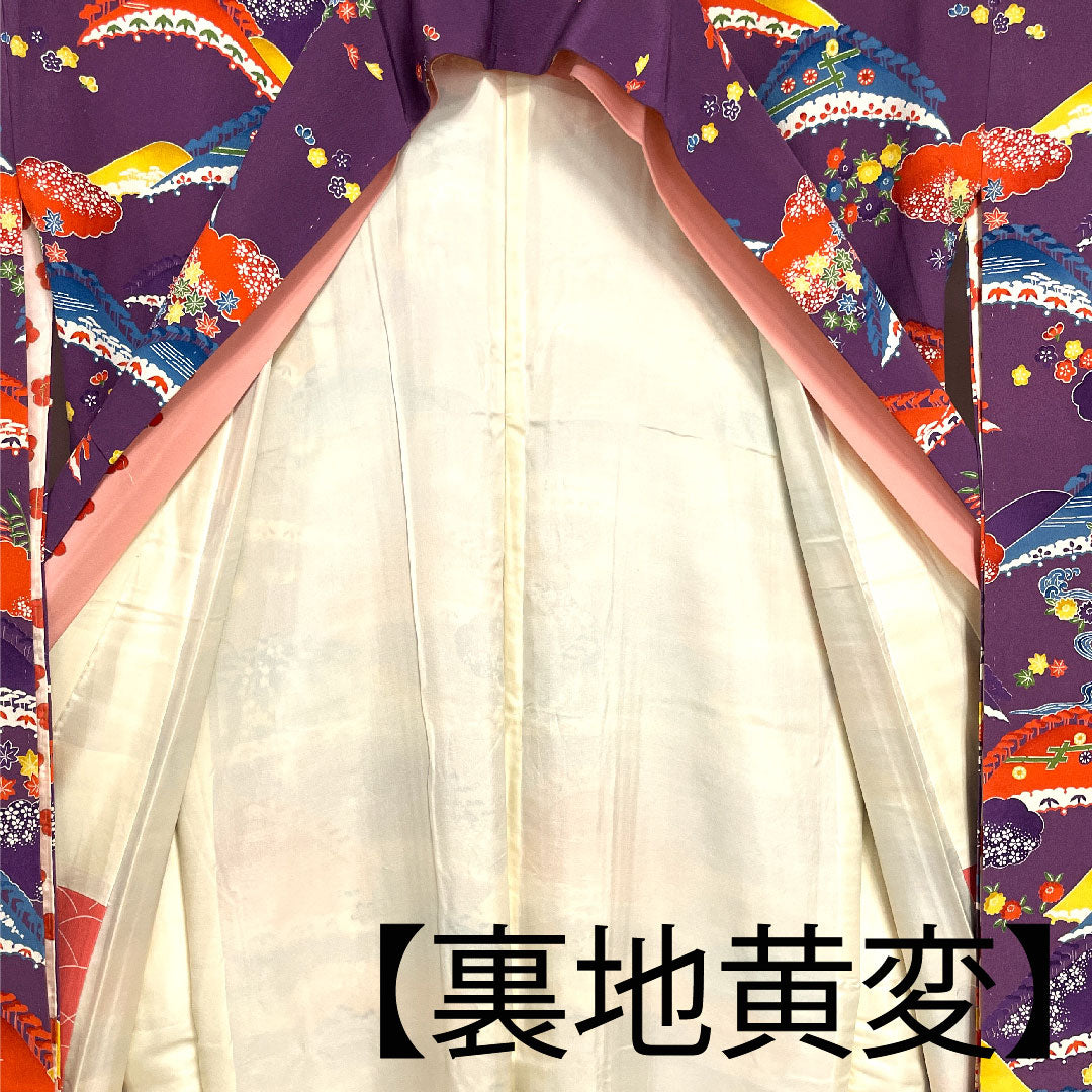 振袖 身丈155cm 裄丈63cm 袷 織葡萄色 型染 遠山 草花模様 正絹 Aランク 紫系 1113000923320