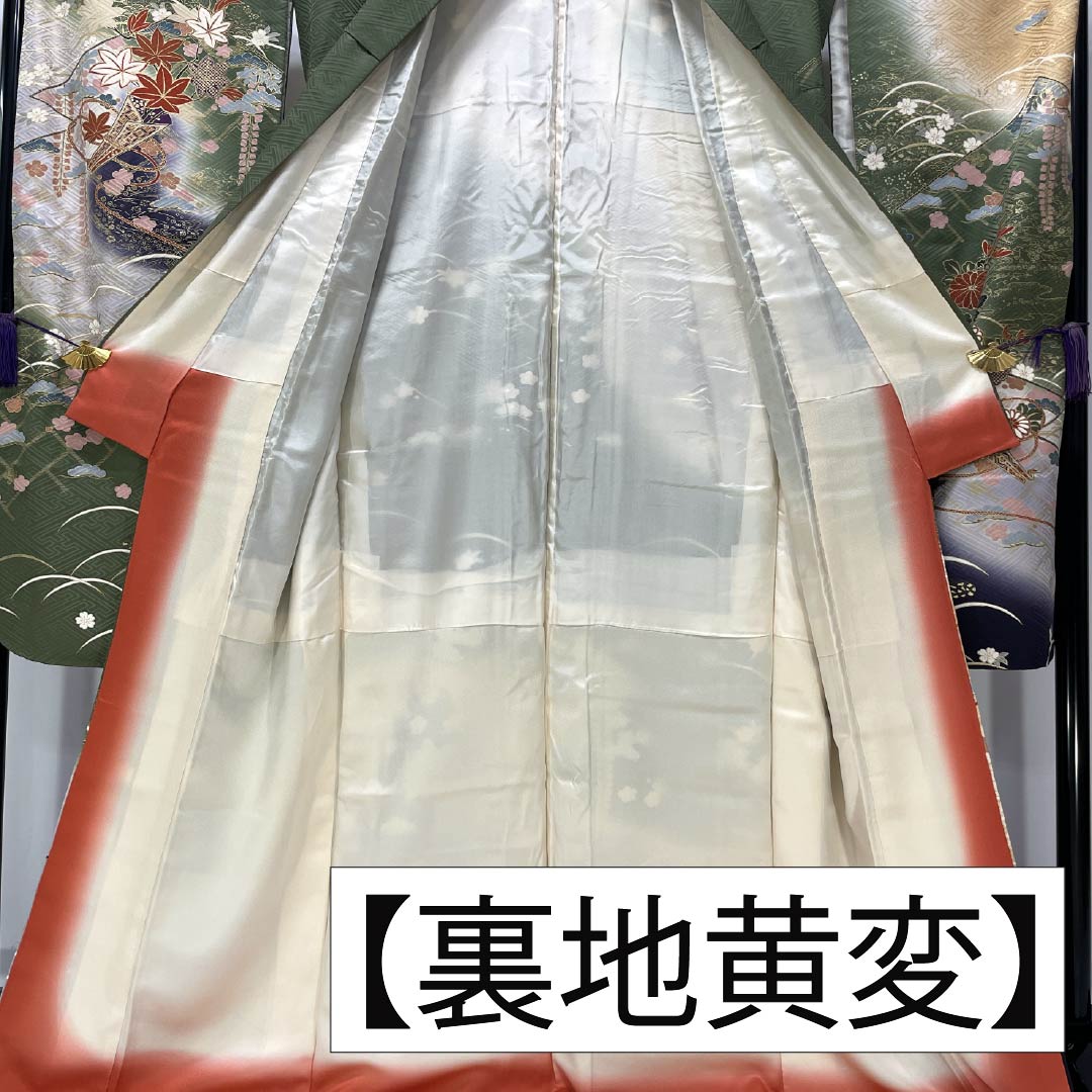 振袖 正絹 Aランク 身丈170.5cm 裄丈68.5cm 袷 山鳩色(やまばといろ) 京友禅 吉祥文様 梅 松 緑系 1113002173619