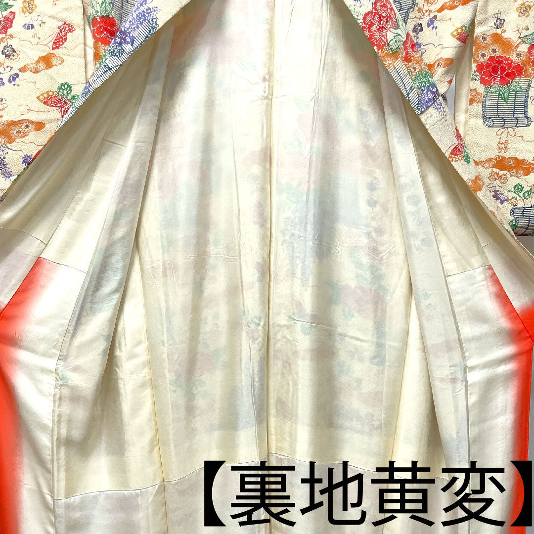 小紋 正絹 身丈161.5cm 裄丈65cm 袷 鳥の子色 型染 草花模様 Sランク クリーム系 1115003762415