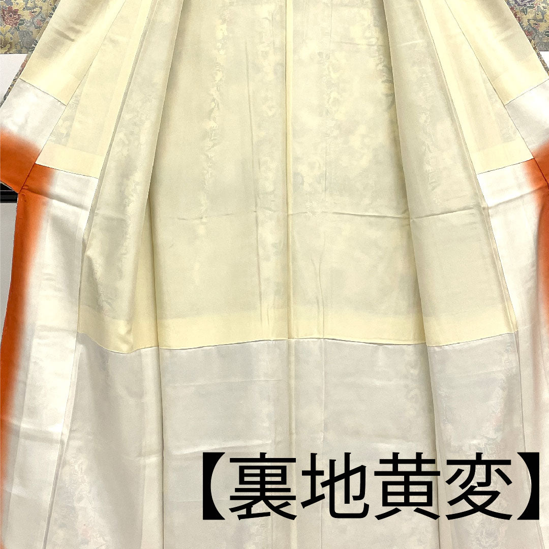 大島紬 身丈162.5cm 裄丈63.5cm 草花模様 正絹 Bランク 袷 白系 1116001514411