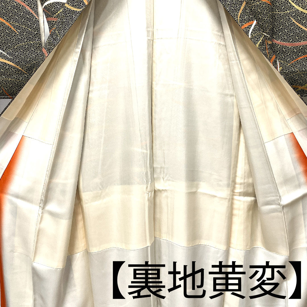 小紋 身丈156.5cm 裄丈61.5cm 袷 紗綾形 芝草 正絹 Aランク 黒系 1115002683310