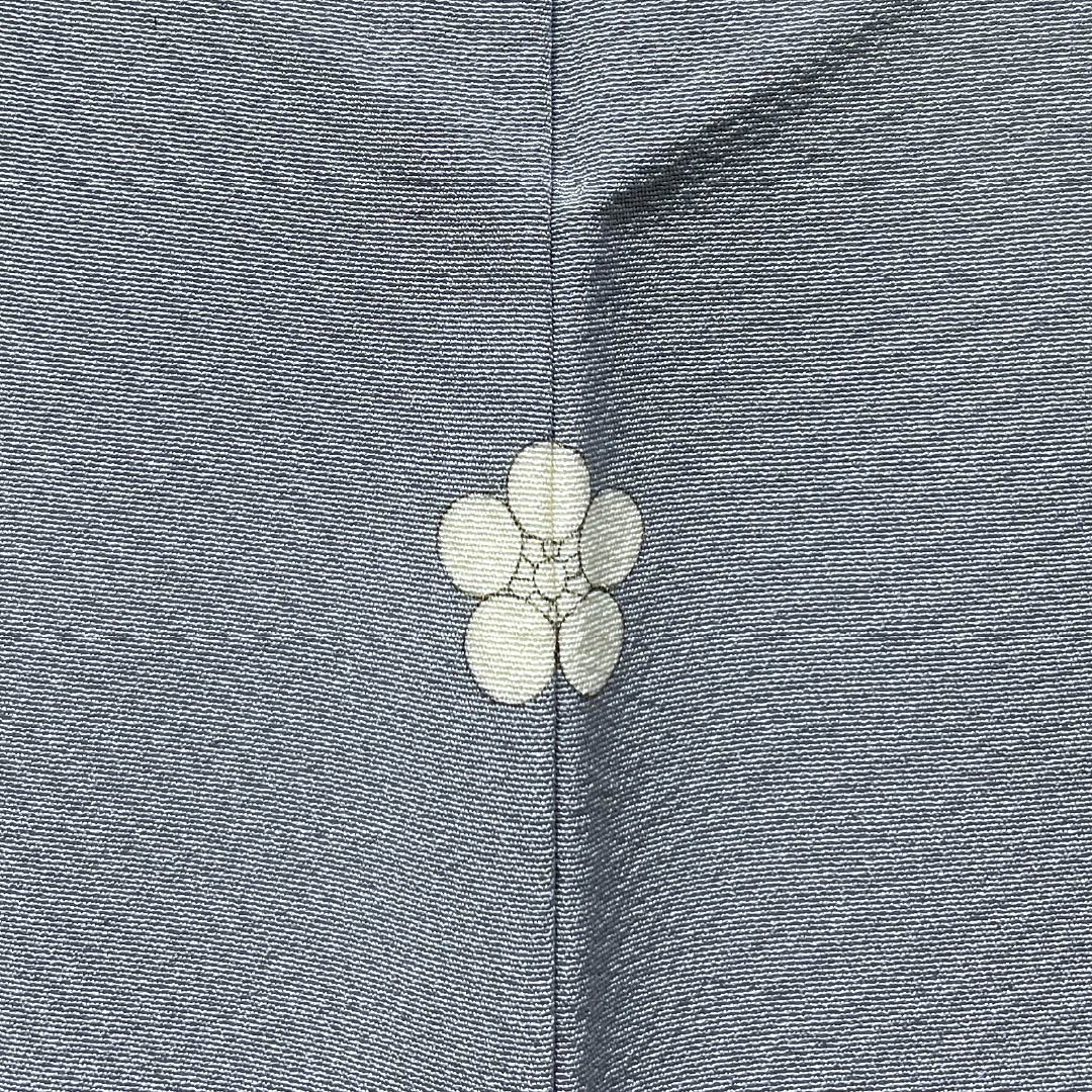 Solid-colored silk kimono, S-rank, length 157cm, sleeve length 65cm, sky blue-gray (sorairo-nezuiro) color, single crest, plum blossom design, Hama Chirimen, lined, gray, product code: 1114002422322