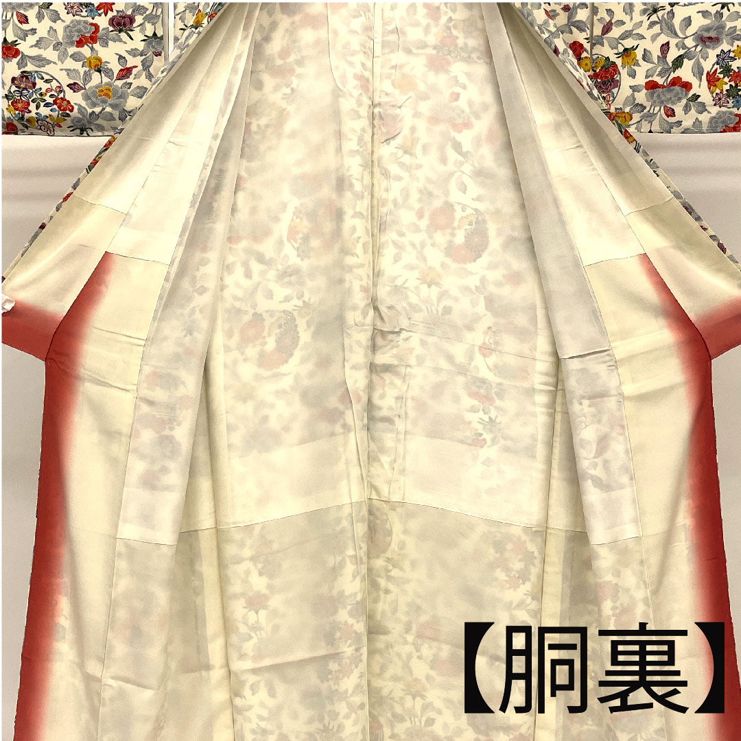 小紋 身丈164cm 裄丈67cm 袷 型染 菊 草花模様 正絹 Aランク 白系 1115001223311