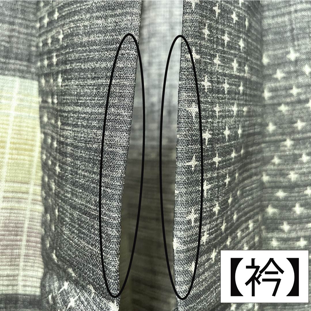 夏物 ポリエステル 小紋 身丈164.5cm 裄丈66cm 市松模様 十字絣 洗える着物 紗 Sランク 黒系 1132002322410