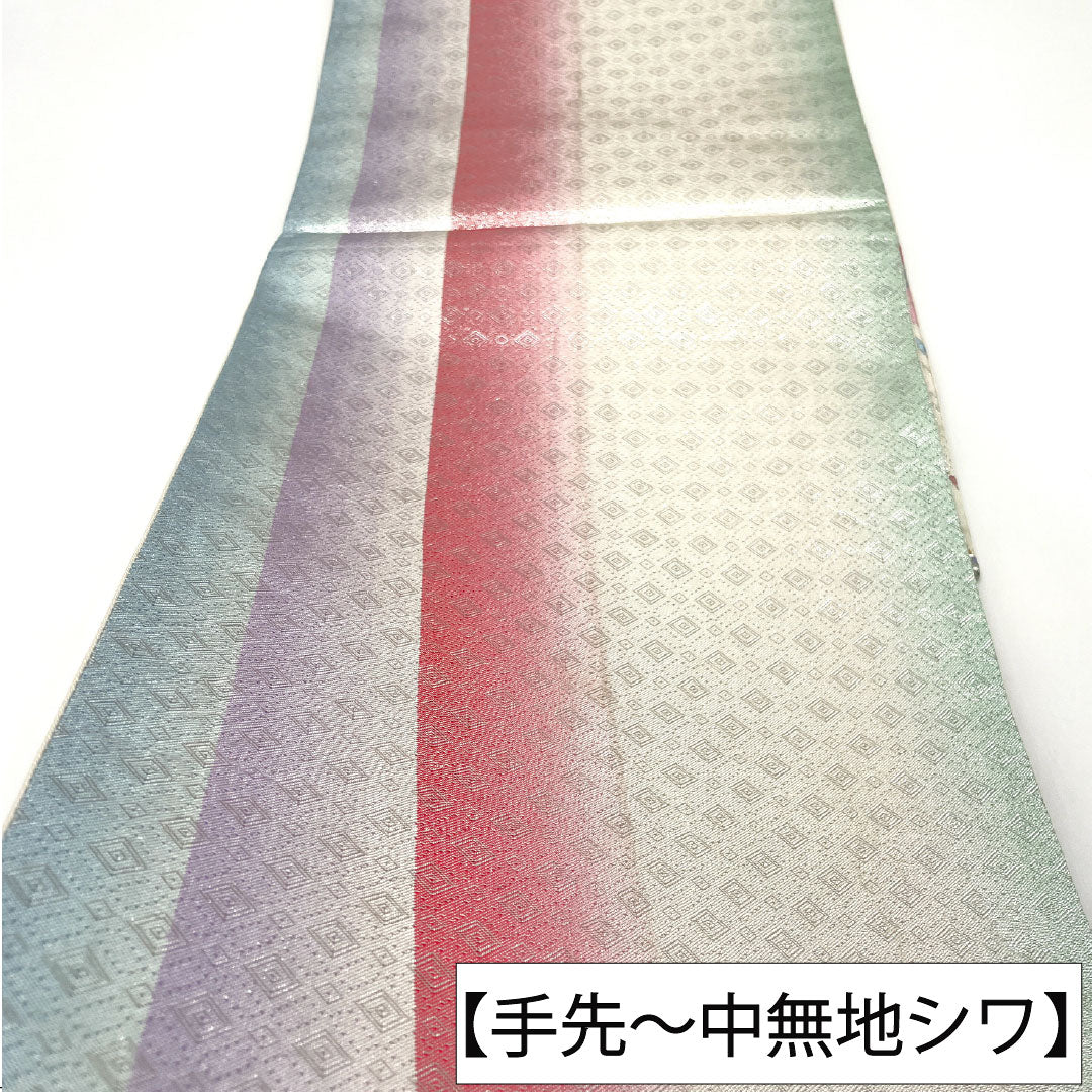 袋帯 正絹 Aランク 佐賀錦 孔雀 振袖用 帯丈426cm 六通 フォーマル 銀系 1123016123322