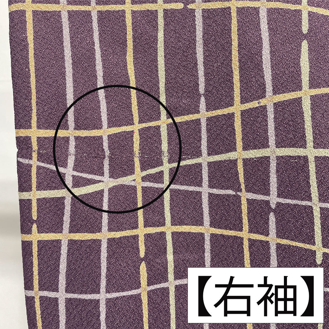 小紋 ポリエステル 身丈159cm 裄丈66cm 単衣 古代紫色(こだいむらさきいろ) 洗える着物 格子 Aランク 紫系 1115004863320