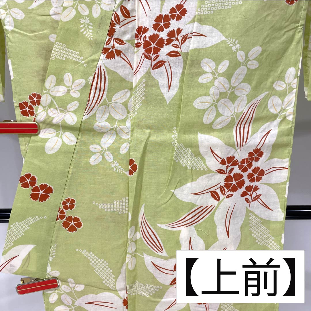 浴衣 木綿 身丈161.5cm 裄丈66cm Sランク 単衣 緑系 若芽色(わかめいろ) 百合 秋桜 1118006382419