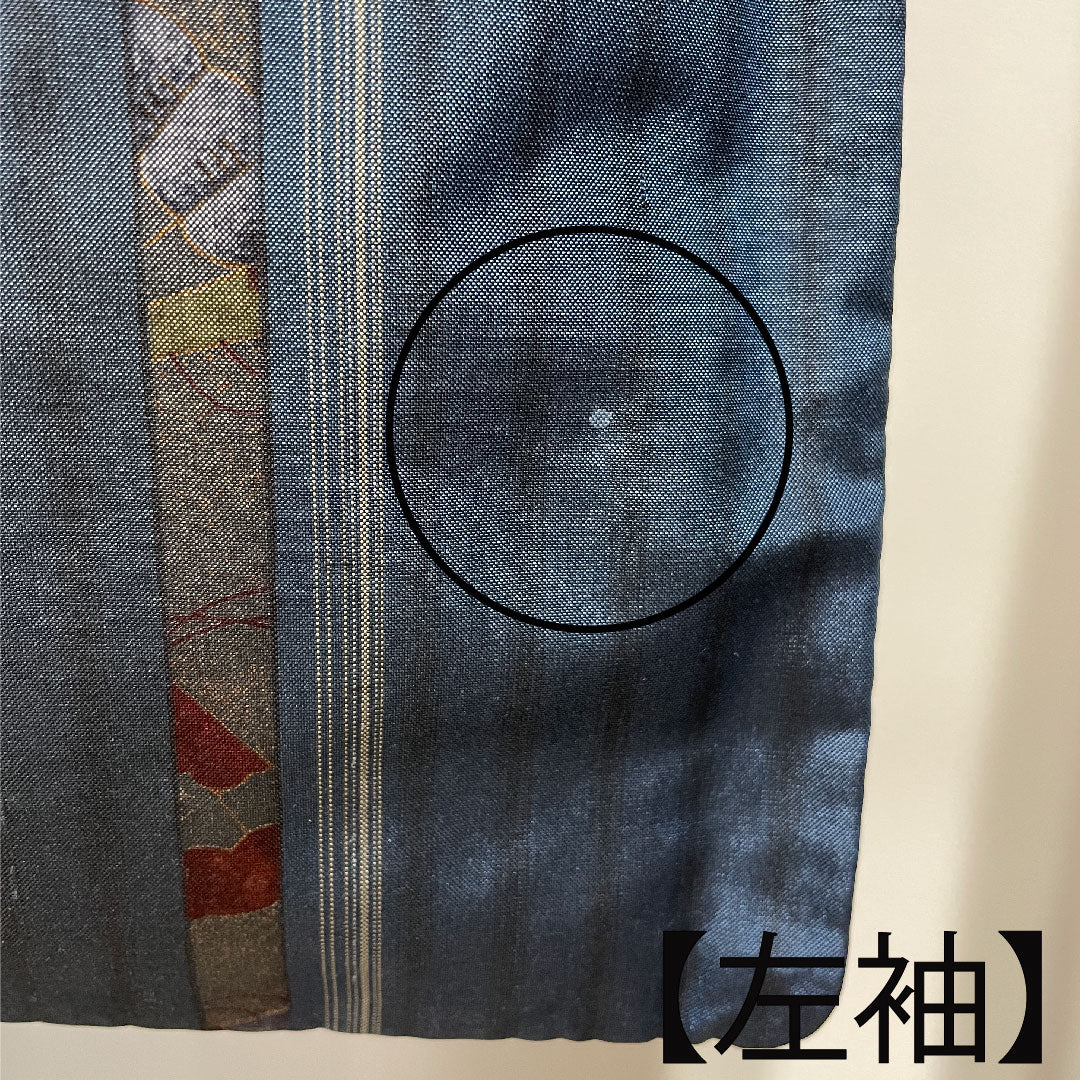 大島紬 身丈155cm 裄丈69.5cm 紺鼠色 藍鉄色 縞模様 正絹 Aランク 袷 青系 1116001693317