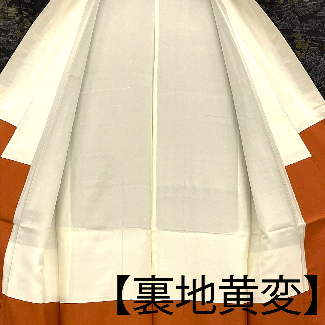 Oshima Tsumugi, Length 156cm, Sleeve length 64cm, Weft Kasuri, Landscape pattern, Pure silk, A rank, Lined, Black, 1116001573310