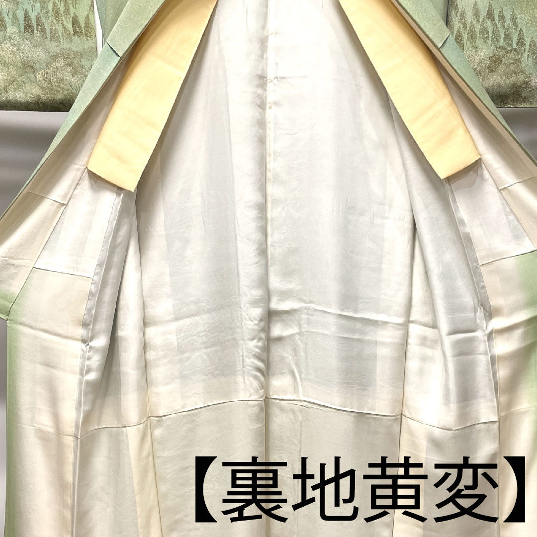 訪問着 袷 身丈156cm 裄丈61.5cm 裏葉色 タタキ染 風景模様 正絹 Aランク 緑系 1112002303319