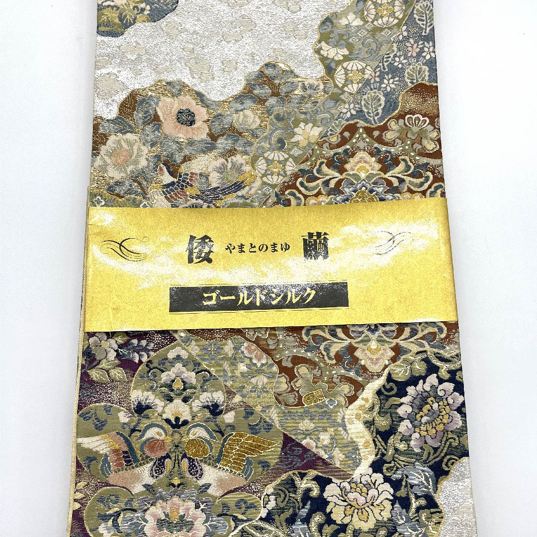 (未仕立)袋帯 銀色 黄金繭 貝紫 みつる帯 帯丈460cm 正絹 Sランク 六通 フォーマル 銀系 1123009332422