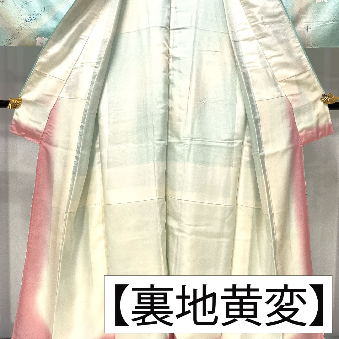 小紋 正絹 身丈157cm 裄丈63cm 袷 抽象花 銀彩加工 Sランク 水色系 1115004902324