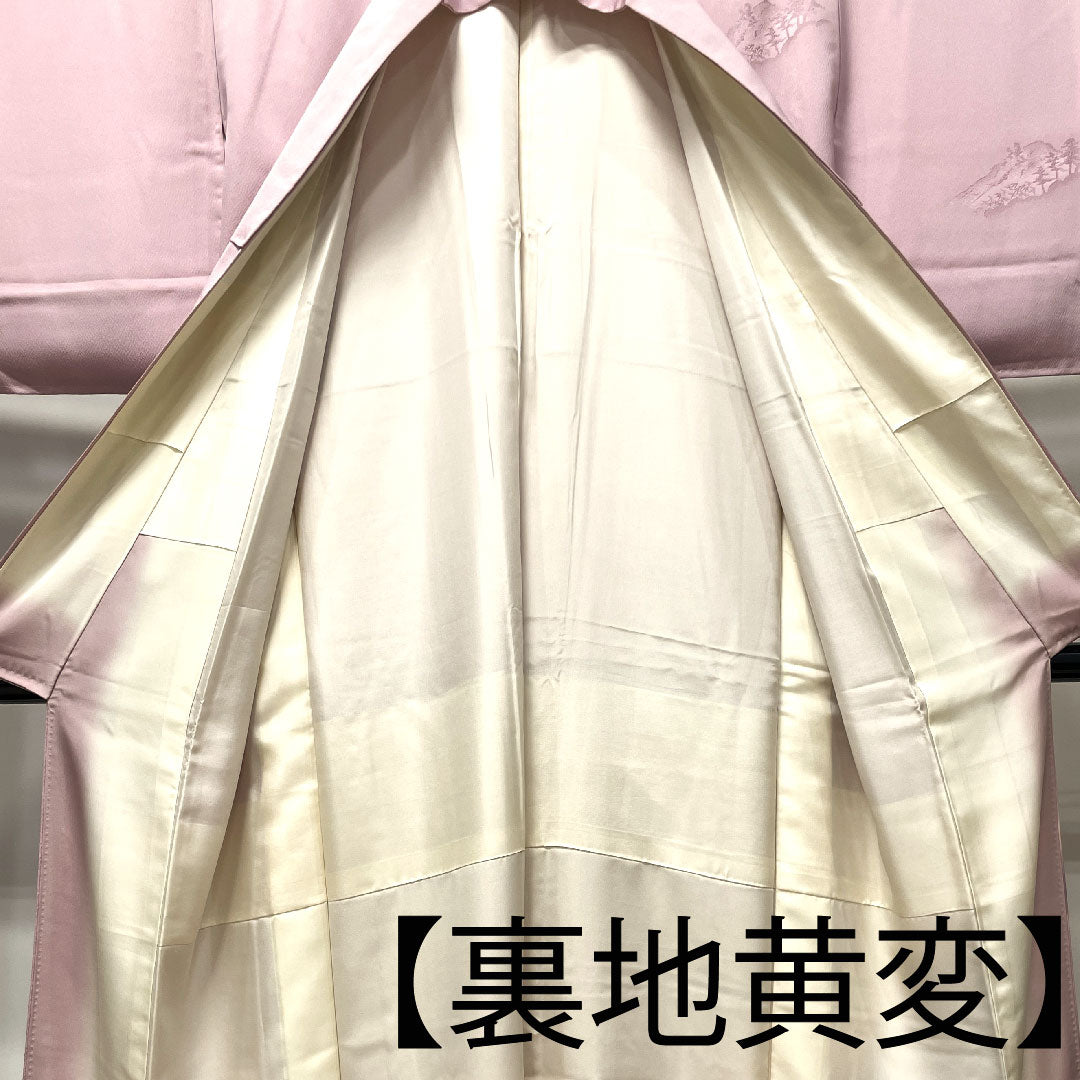 訪問着 袷 身丈153.5cm 裄丈61.5cm 帯紅色 風景模様 ボカシ染 正絹 Sランク ピンク系 1112002202213
