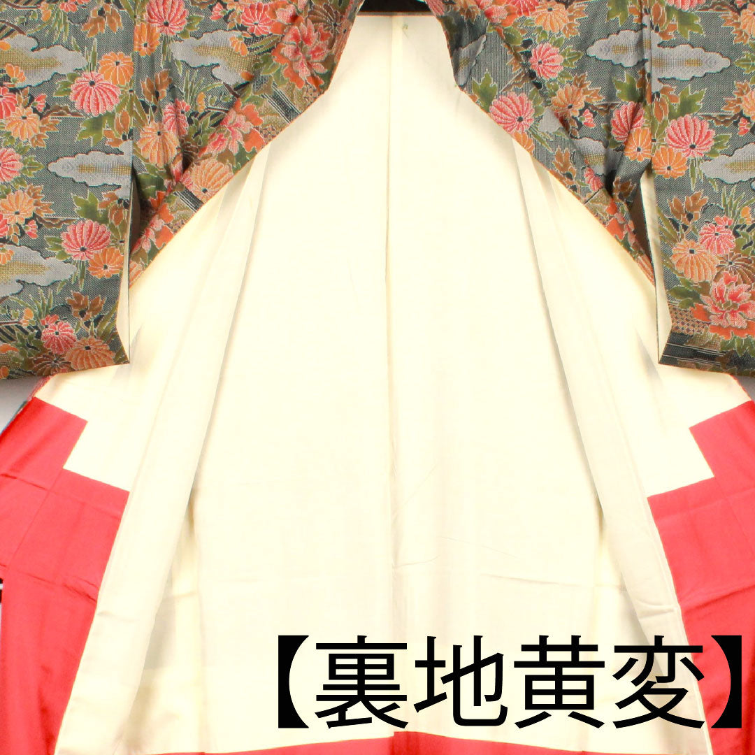 大島紬 身丈156.5cm 裄丈64.5cm 経緯絣 草花模様 正絹 Aランク 袷 緑系 1116001853319