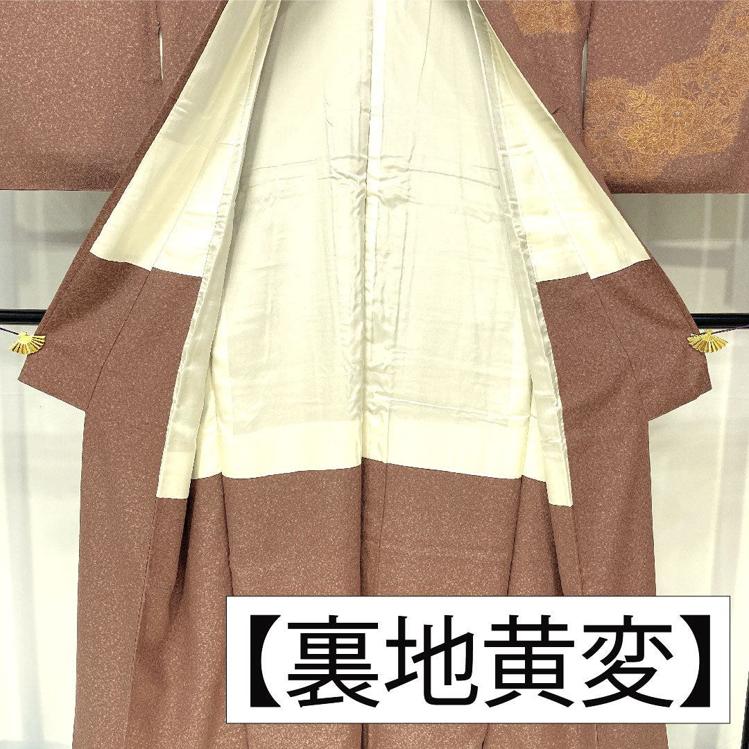 訪問着 正絹 袷 身丈153cm 裄丈63cm 小豆鼠色(あずきねずいろ) 草花模様 部分刺繡 Sランク 茶系 1112005752214