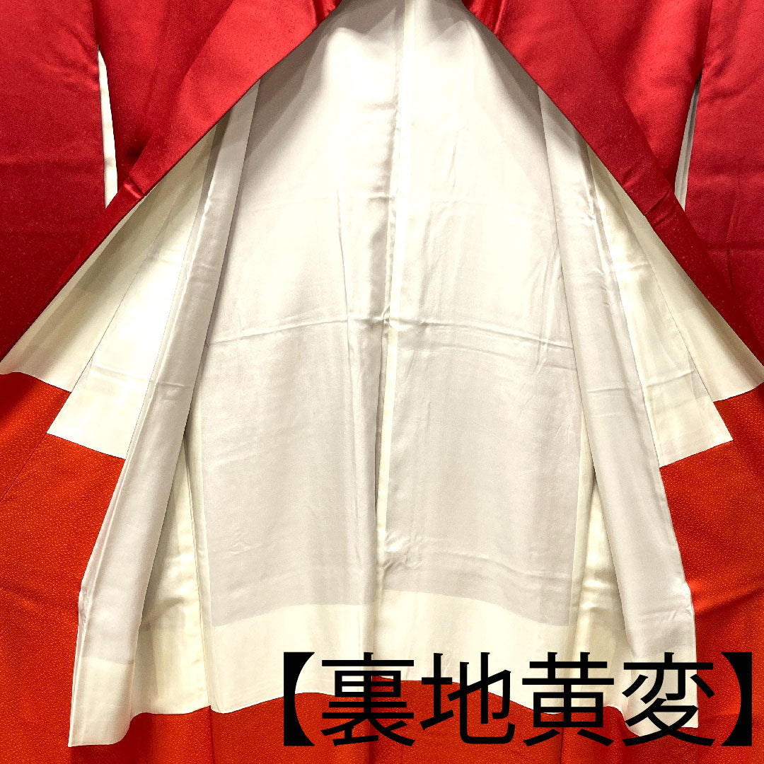 振袖 身丈153.5cm 裄丈63cm 袷 赤紅色 京友禅 草花模様 正絹 Aランク 赤系 1113001523212