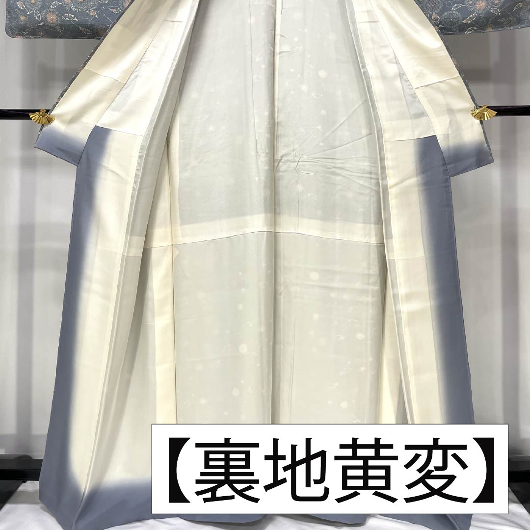 小紋 正絹 Sランク 身丈165cm 裄丈66cm 袷 湊鼠色(みなとねずいろ) 型染 ちりめん地 草木模様 青系 1115007382517