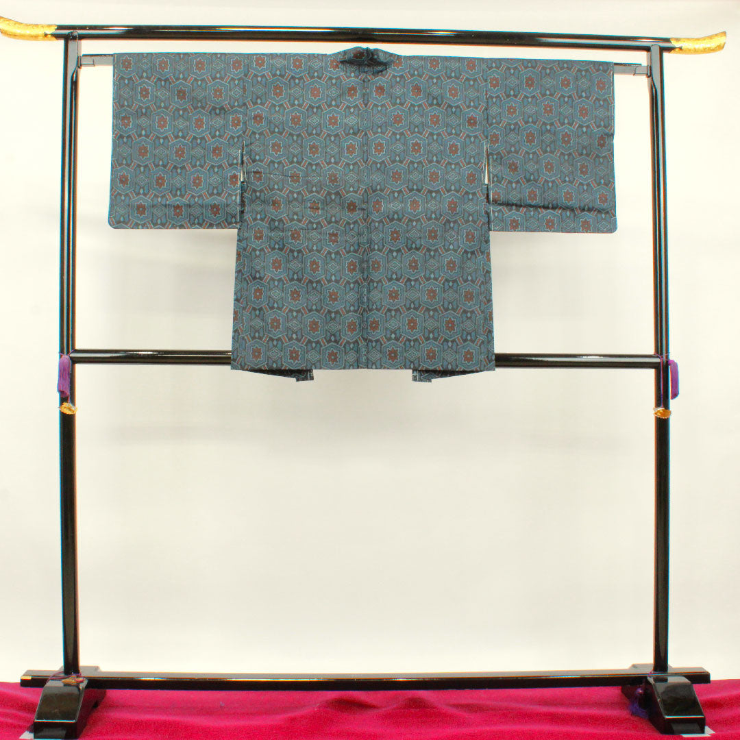 村山大島紬 身丈159.5cm 裄丈62.5cm アンサンブル 幾何学模様 正絹 Aランク 袷 紺系 1116002843318