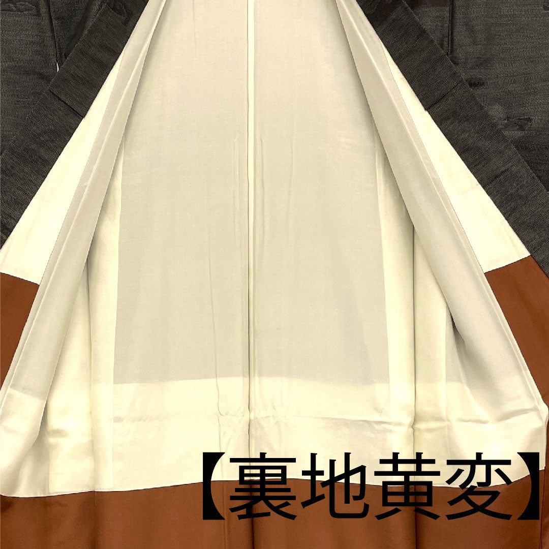 大島紬 身丈154.5cm 裄丈62cm 緯総絣 草花模様 正絹 Aランク 袷 黒系 1116001523210