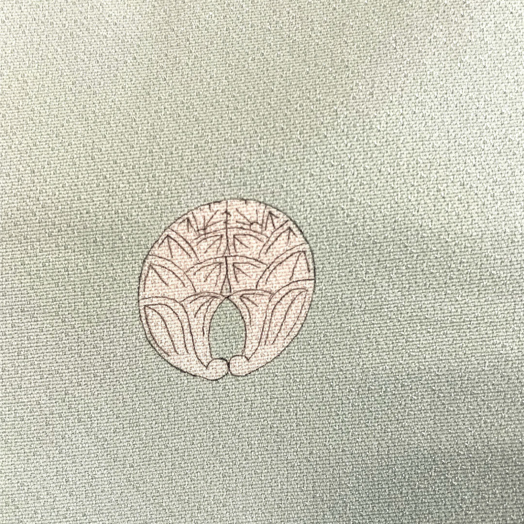 色留袖 身丈161.5cm 裄丈63cm 袷 錆青磁色 寿光織 風景模様 抱き茗荷 正絹 Bランク 三つ紋 緑系 1111000454419