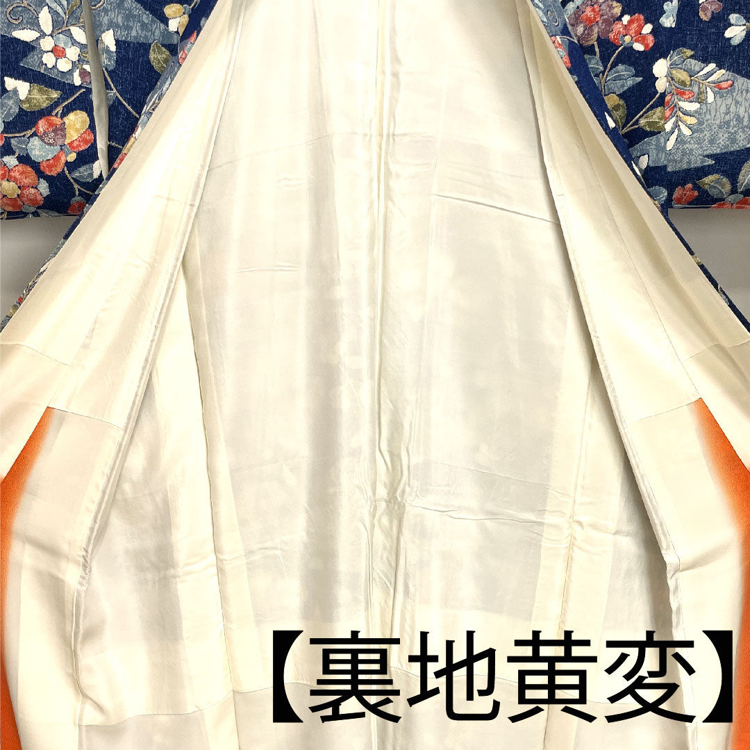 小紋 身丈158cm 裄丈64cm 袷 紺桔梗色 草花模様 正絹 Sランク 紺系 1115002512318