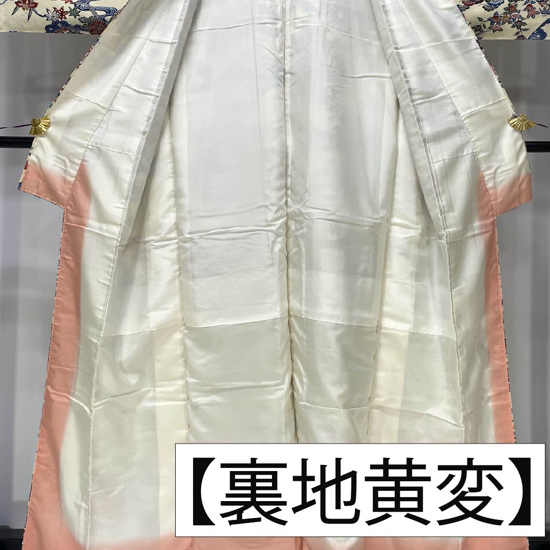 Komon (small pattern) kimono, pure silk, length 164cm, sleeve length 63.5cm, lined, light egg-colored (usutamagoiro) stencil-dyed, Chayatsuji, tsumugi fabric, S rank, cream, product number 1115006172415