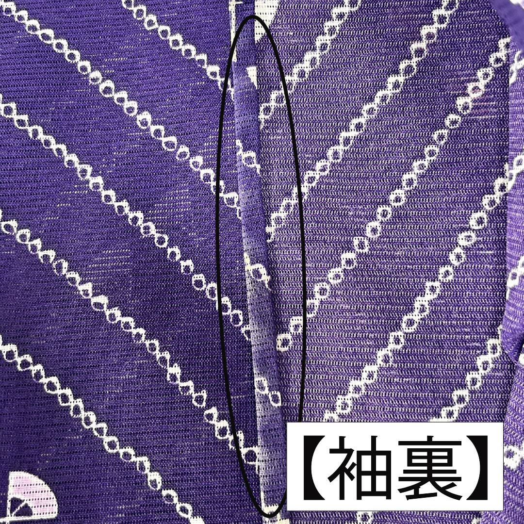 夏物 ポリエステル 小紋 身丈160.5cm 裄丈65cm 菫色(すみれいろ) 扇面 洗える着物 絽 Aランク 紫系 1132002543420