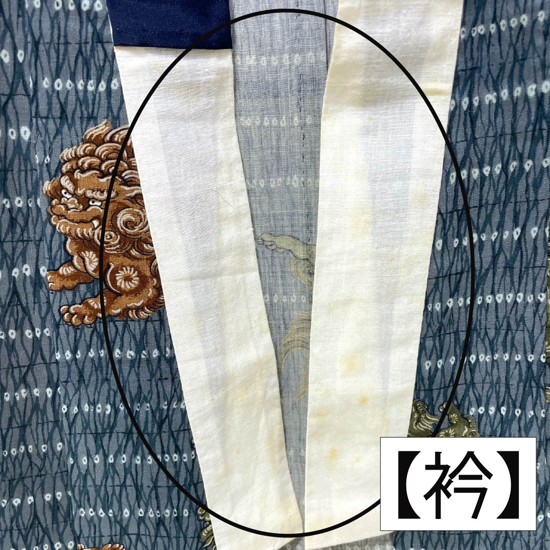 Men's wool nagajuban (long under-kimono), Grade A, length 147cm, sleeve length 68cm, Omeshi-chairo (brown) fabric, lion design, single-layer, green-toned, 1140000653419