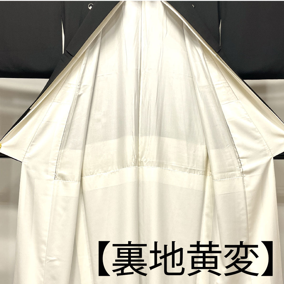 黒留袖 身丈156cm 裄丈60.5cm 袷 京友禅 鶴 糸輪に覗き梅鉢 正絹 Aランク 五つ紋 黒系 1111000723310