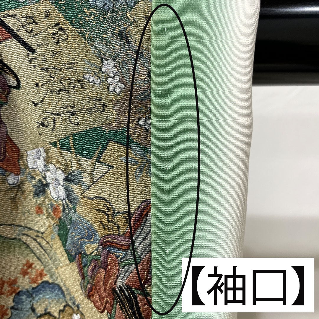 小紋 正絹 Sランク 身丈166cm 裄丈66cm 袷 柚葉色(ゆばいろ) ちりめん地 百人一首 緑系 1115007652519