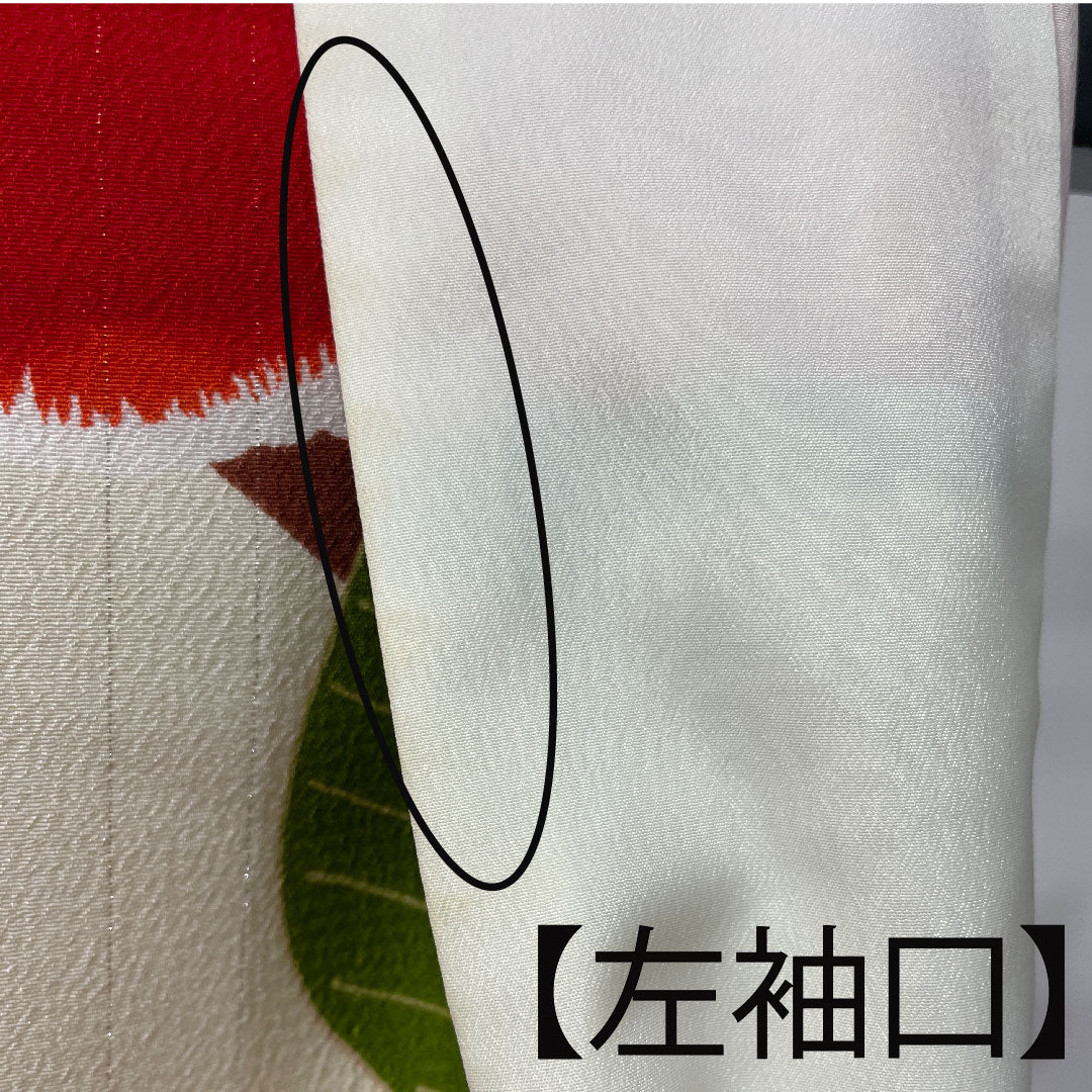 振袖 身丈170cm 裄丈65.5cm 袷 生成り色 洗える着物 椿 ポリ Aランク 白系 1113001413611