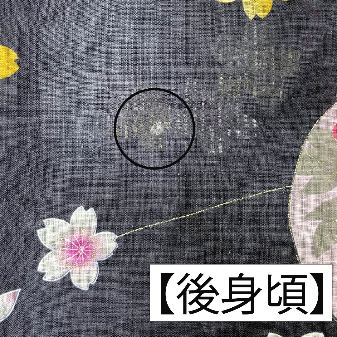 Cotton Yukata, Length 178.5cm, Sleeve Length 69cm, S Rank, Single Layer, Navy Blue/Brown (Kachiiro), Flowers and Cherry Blossoms, 1118006712818