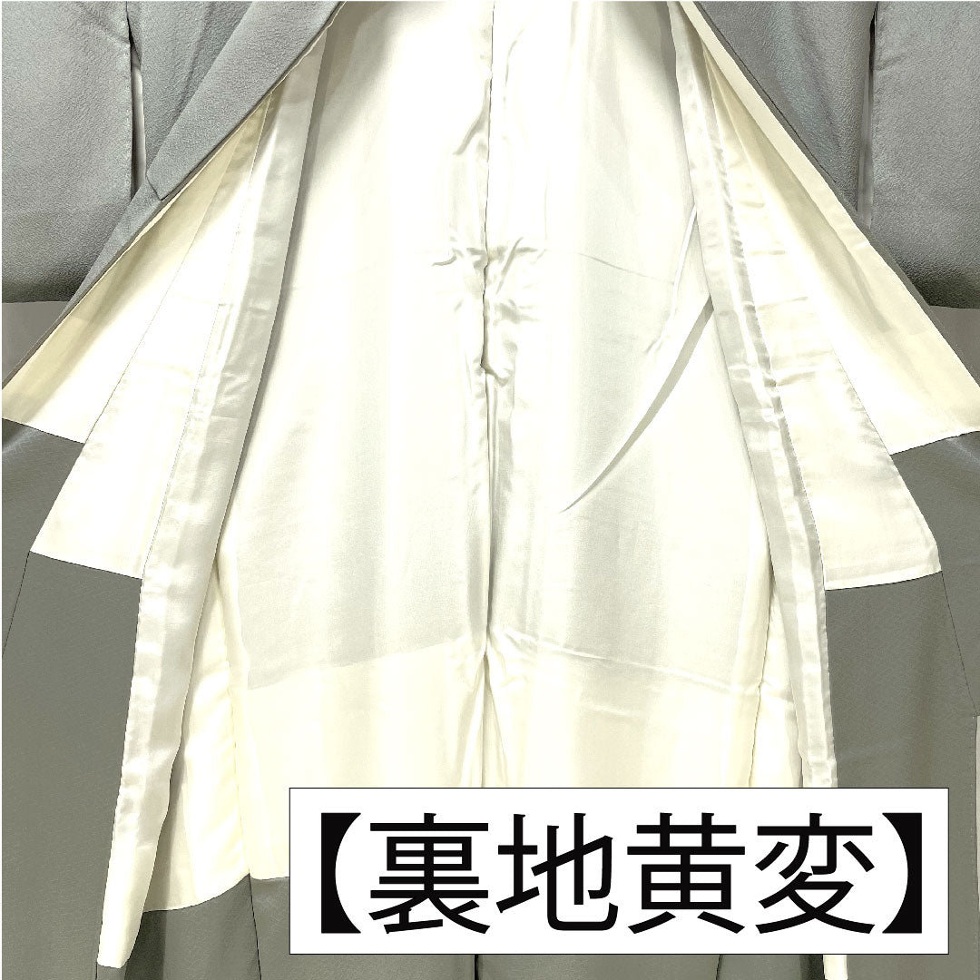 訪問着 正絹 袷 身丈156cm 裄丈62.5cm 灰色(はいいろ) 汕頭刺繡 一つ紋 片喰 雪輪 椿 Sランク グレー系 1112005022322