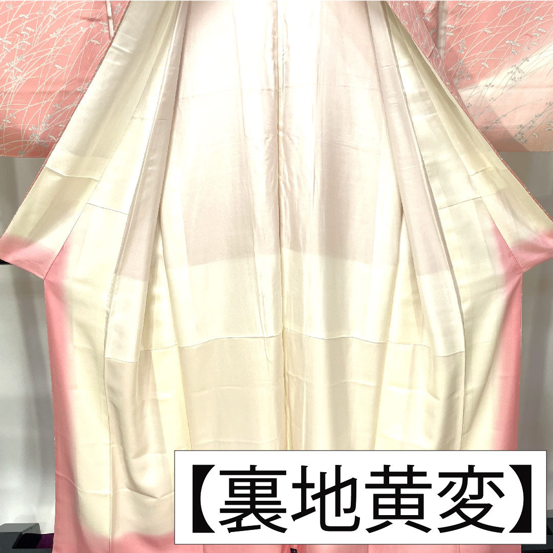 訪問着 正絹 袷 身丈159cm 裄丈64cm 一重梅色 草花模様 Aランク ピンク系 1112004133313