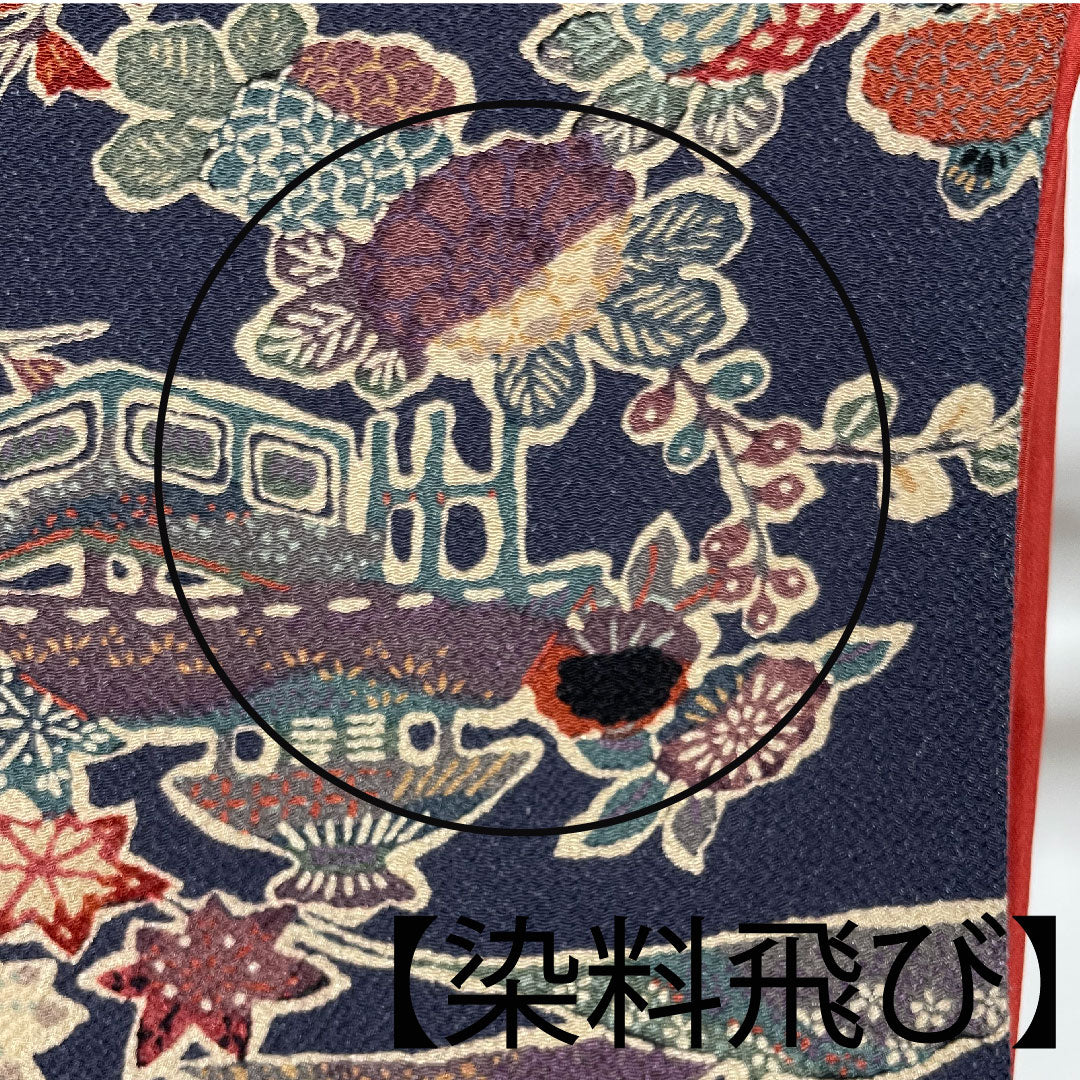 小紋 身丈154.5cm 裄丈60.5cm 袷 青褐色 型染 草花模様 正絹 Aランク 紺系 1115002293218